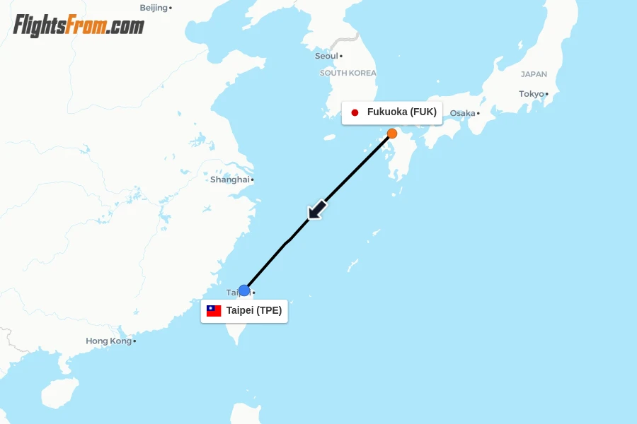 Flights from Fukuoka to Taipei route map