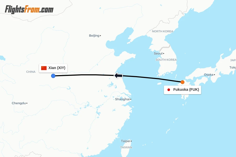 Flights from Fukuoka to Xian route map