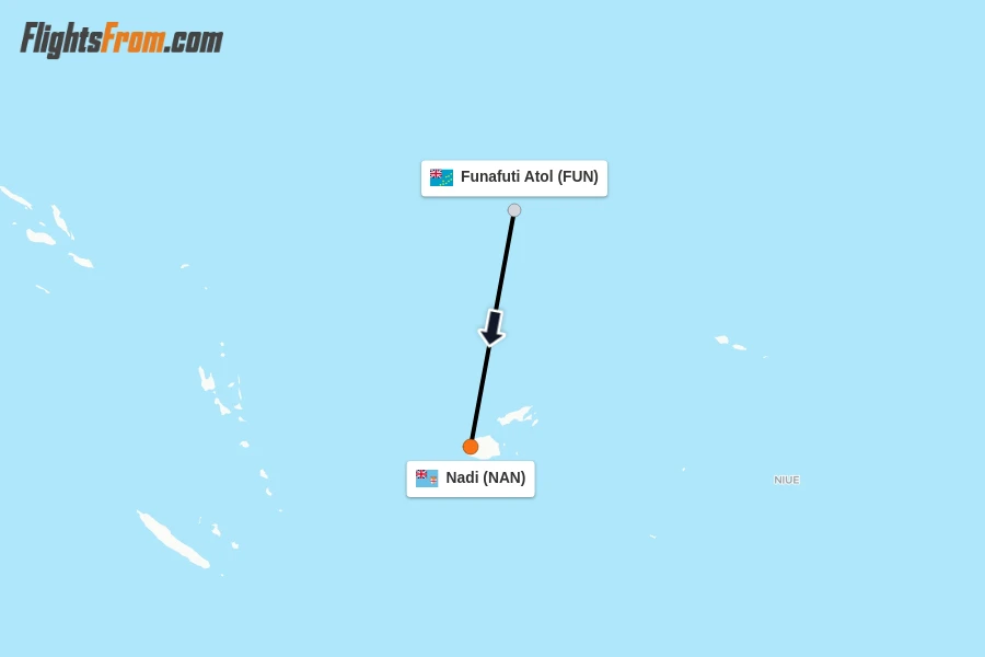 Flights from Funafuti Atol to Nadi route map