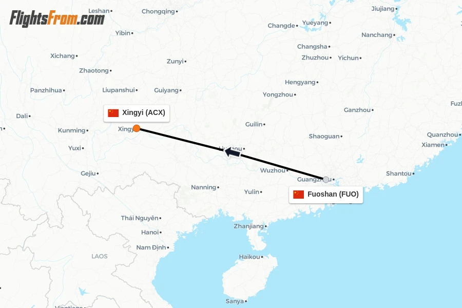 Flights from Fuoshan to Xingyi route map