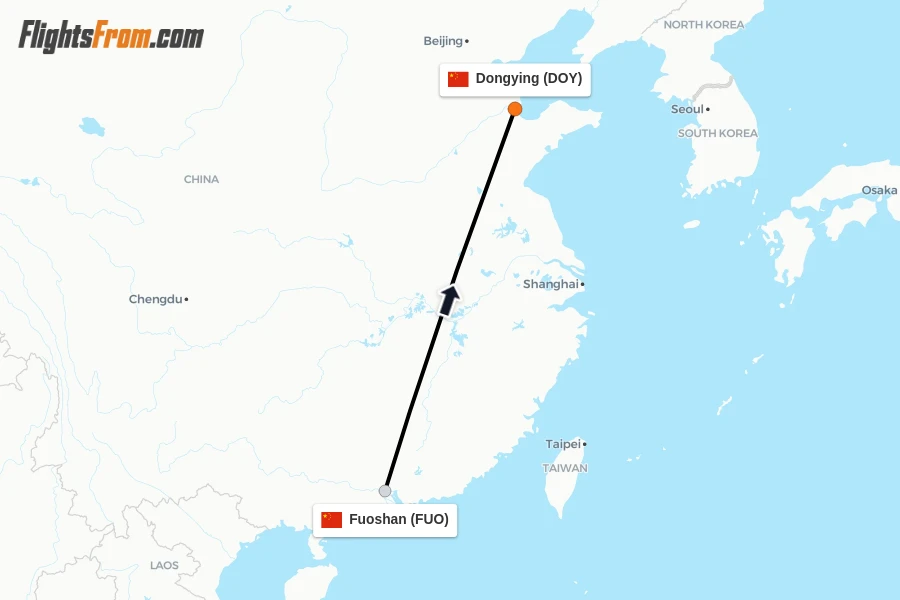Flights from Fuoshan to Dongying route map