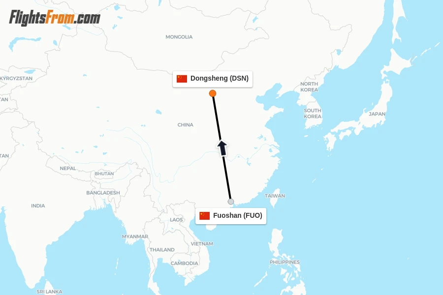 Flights from Fuoshan to Dongsheng route map