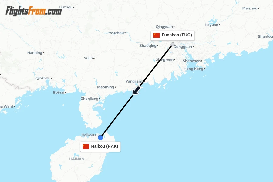 Flights from Fuoshan to Haikou route map