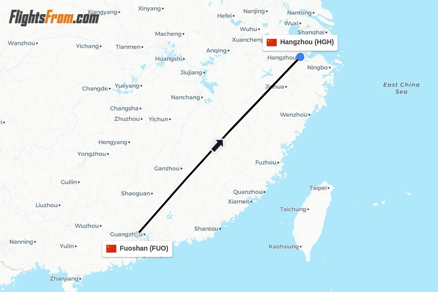 Flights from Fuoshan to Hangzhou route map