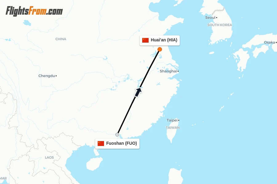 Flights from Fuoshan to Huai'an route map