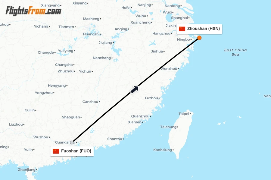 Flights from Fuoshan to Zhoushan route map