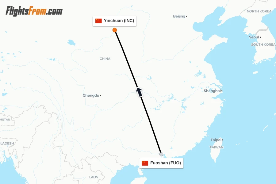 Flights from Fuoshan to Yinchuan route map