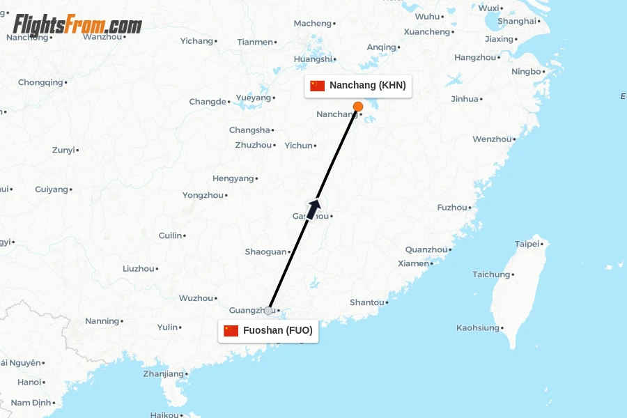 Flights from Fuoshan to Nanchang route map