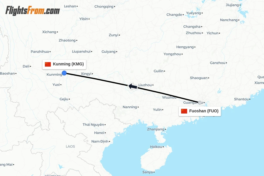 Flights from Fuoshan to Kunming route map