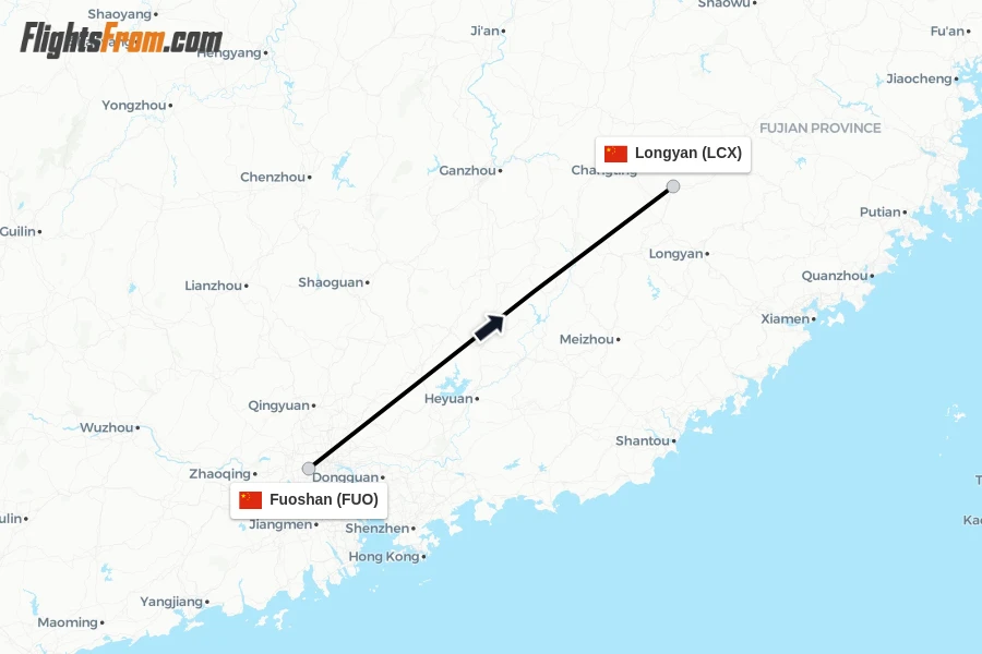 Flights from Fuoshan to Longyan route map
