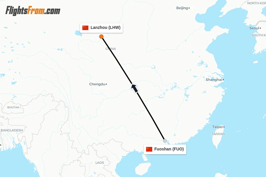 Flights from Fuoshan to Lanzhou route map