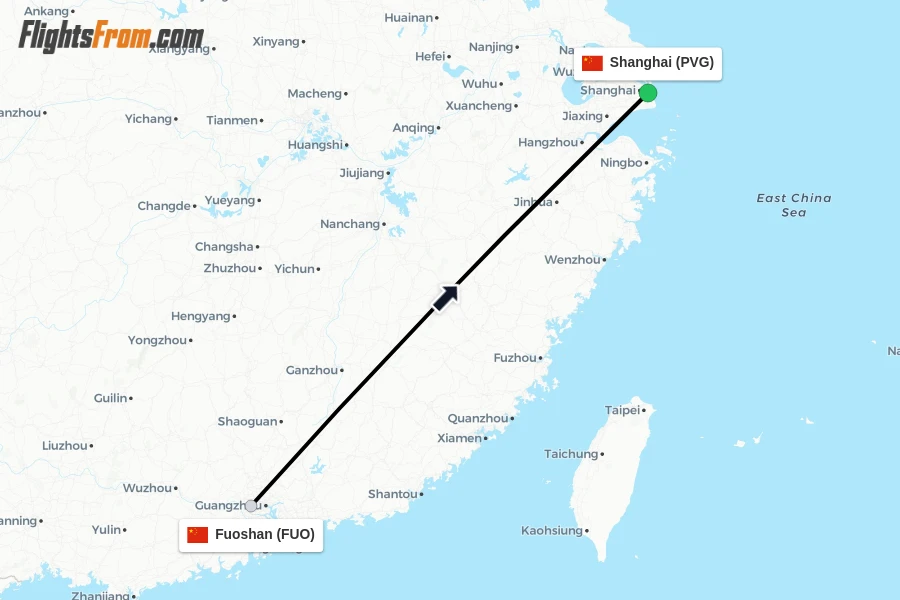 Flights from Fuoshan to Shanghai route map