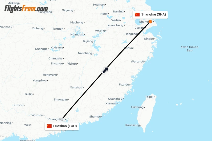 Flights from Fuoshan to Shanghai route map