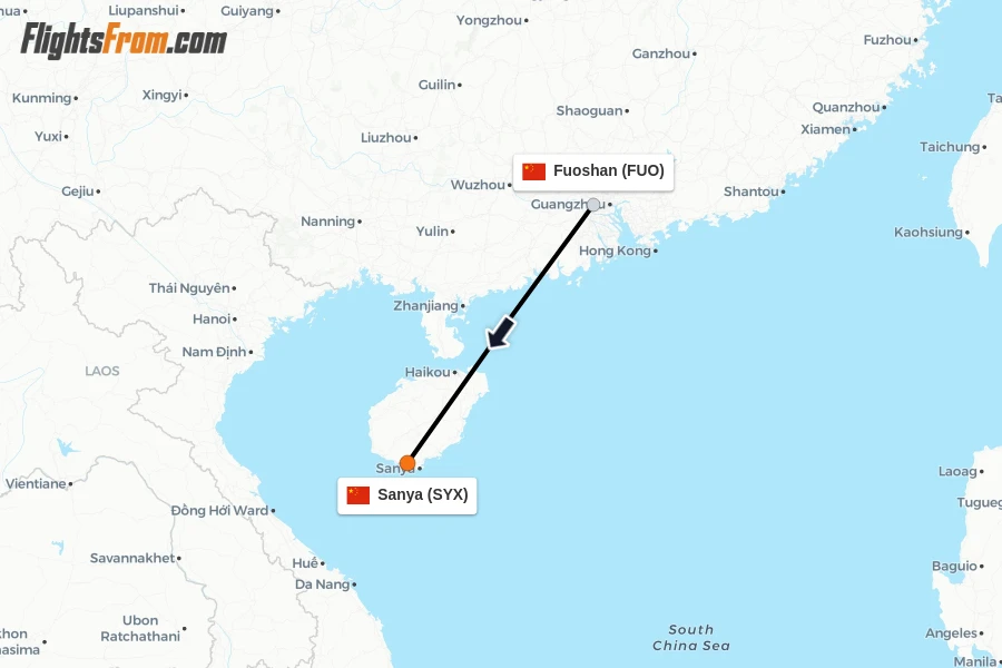 Flights from Fuoshan to Sanya route map
