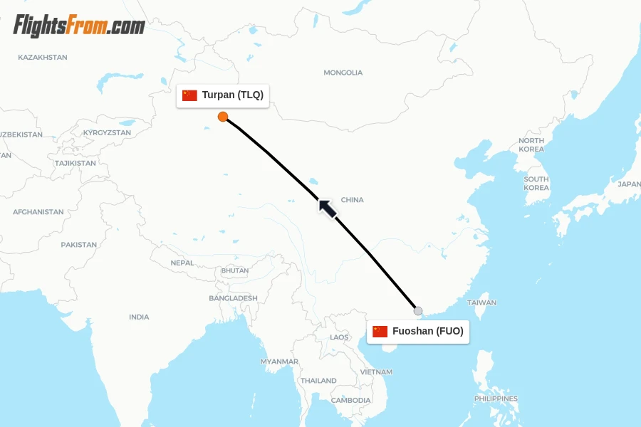 Flights from Fuoshan to Turpan route map