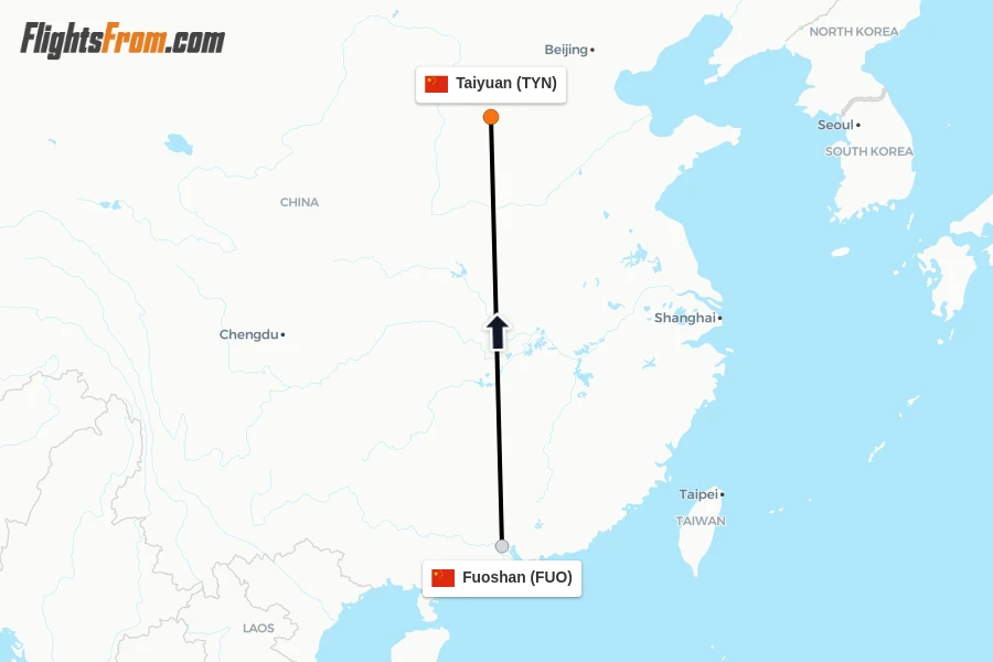 Flights from Fuoshan to Taiyuan route map