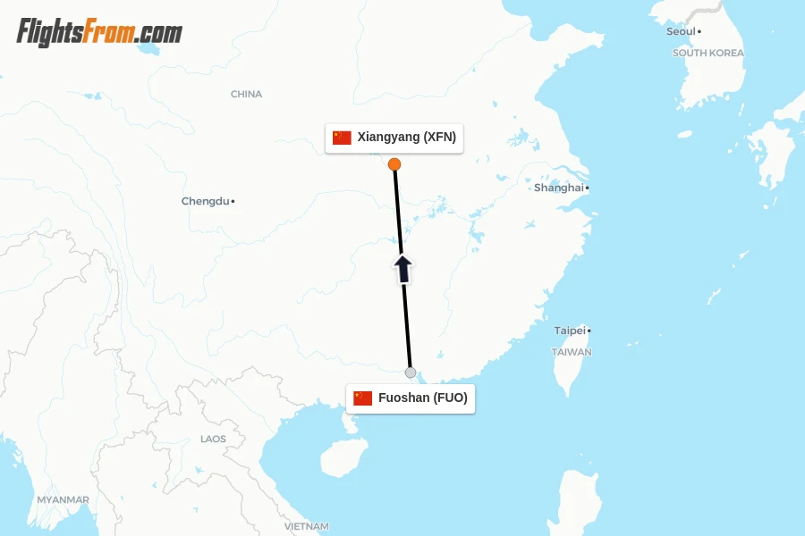 Flights from Fuoshan to Xiangyang route map