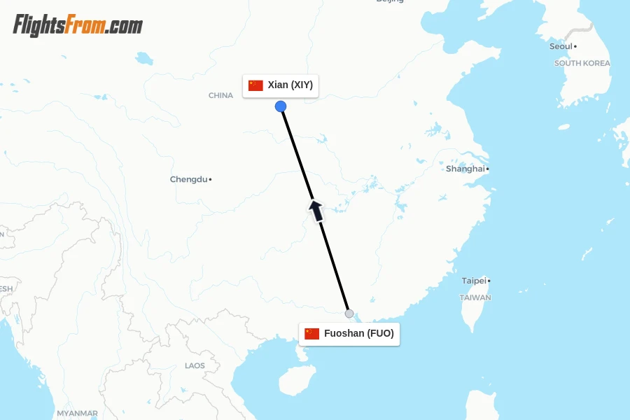 Flights from Fuoshan to Xian route map