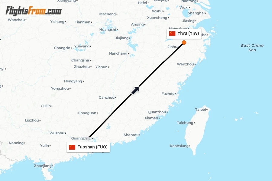 Flights from Fuoshan to Yiwu route map
