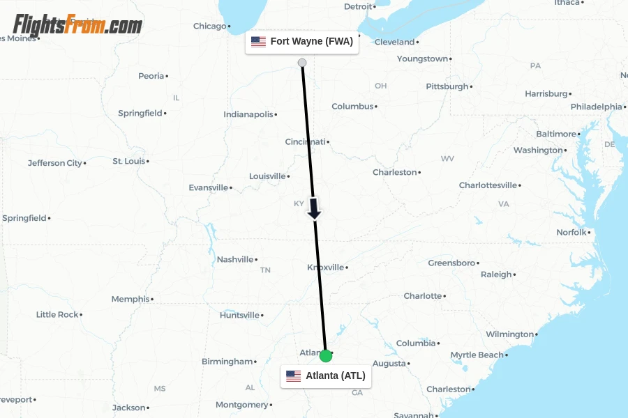 Flights from Fort Wayne to Atlanta route map