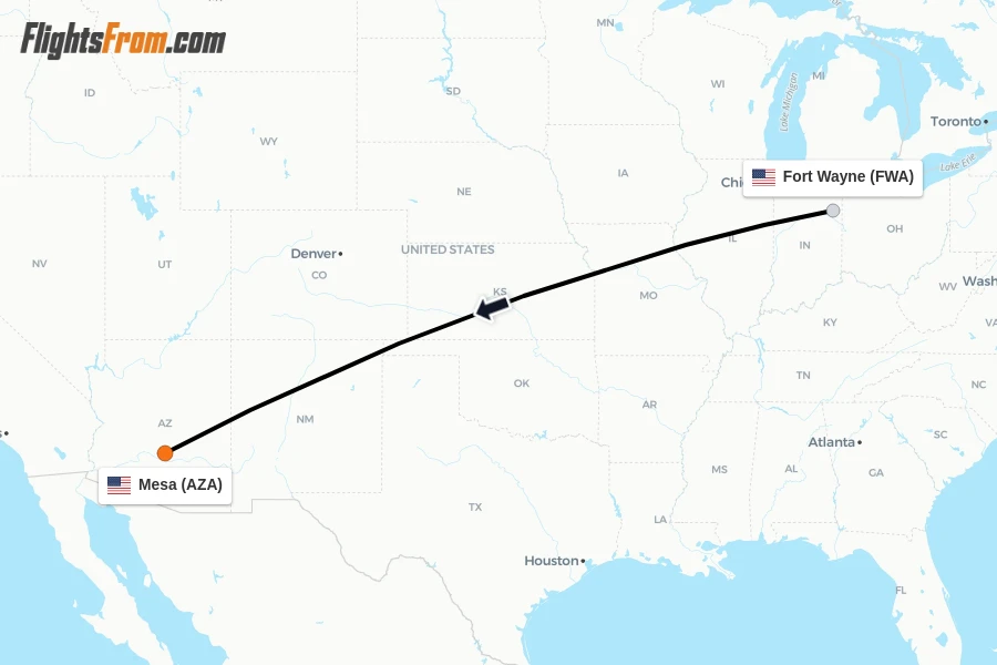 Flights from Fort Wayne to Mesa route map