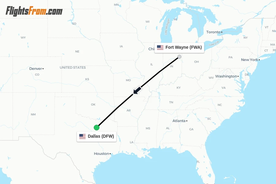 Flights from Fort Wayne to Dallas route map