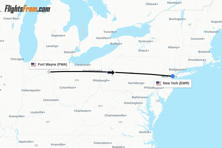 Flights from Fort Wayne to New York route map