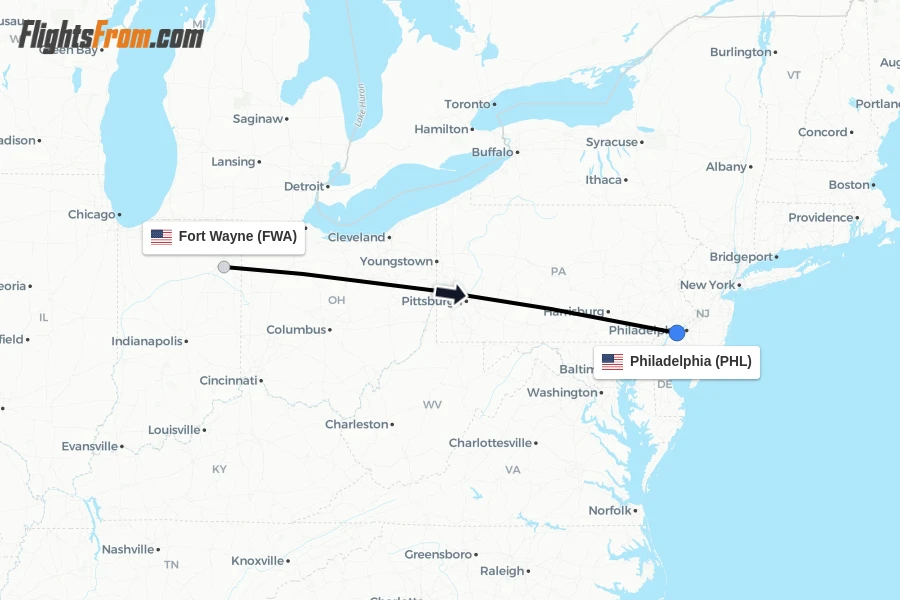 Flights from Fort Wayne to Philadelphia route map