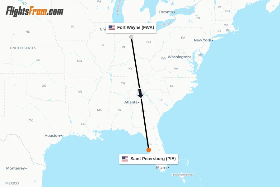 Flights from Fort Wayne to Saint Petersburg route map