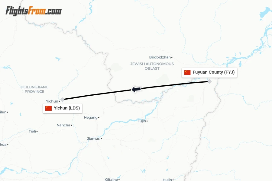 Flights from Fuyuan County to Yichun route map