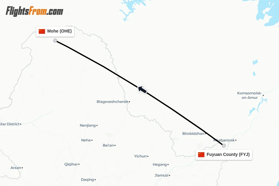 Flights from Fuyuan County to Mohe route map