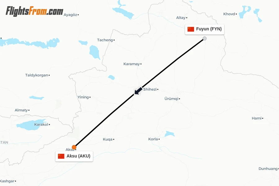 Flights from Fuyun to Aksu route map