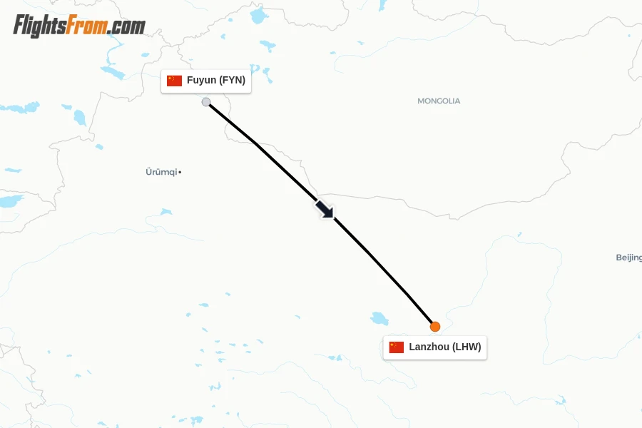 Flights from Fuyun to Lanzhou route map