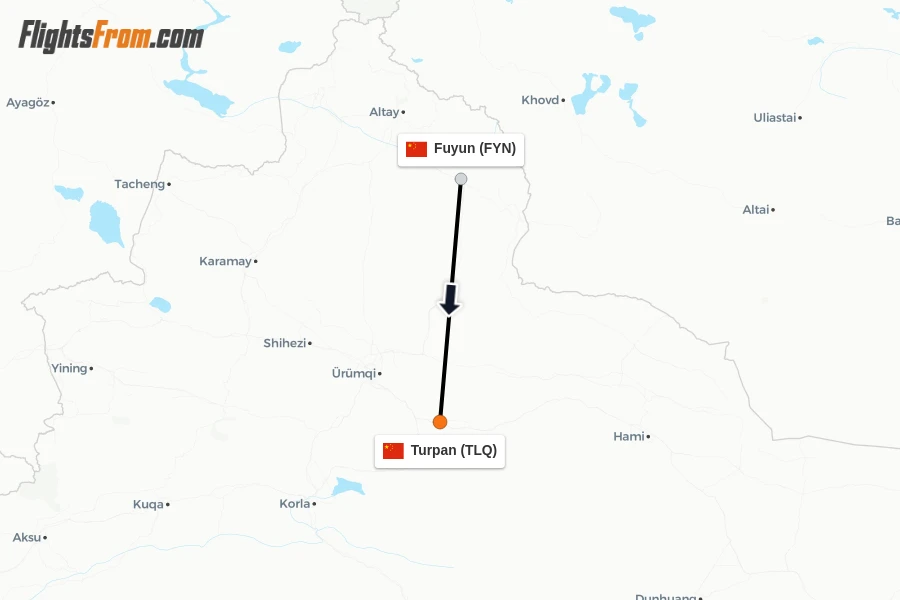 Flights from Fuyun to Turpan route map