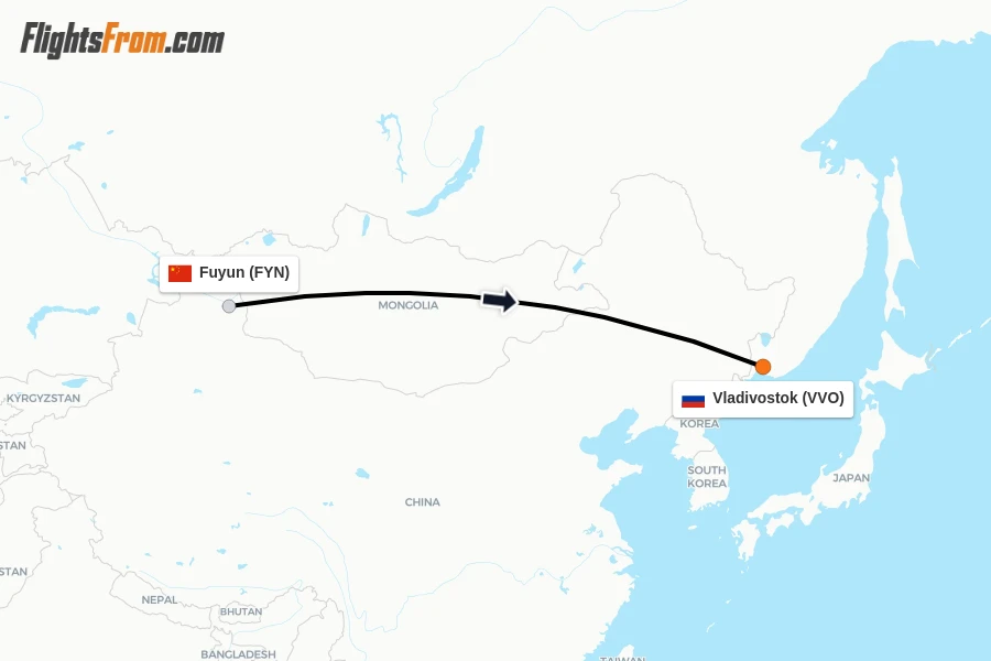 Flights from Fuyun to Vladivostok route map