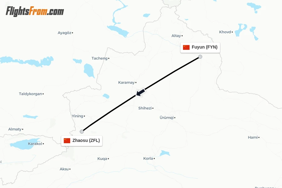 Flights from Fuyun to Zhaosu route map