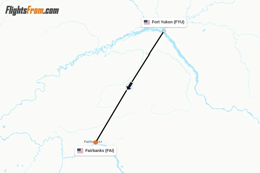 Flights from Fort Yukon to Fairbanks route map
