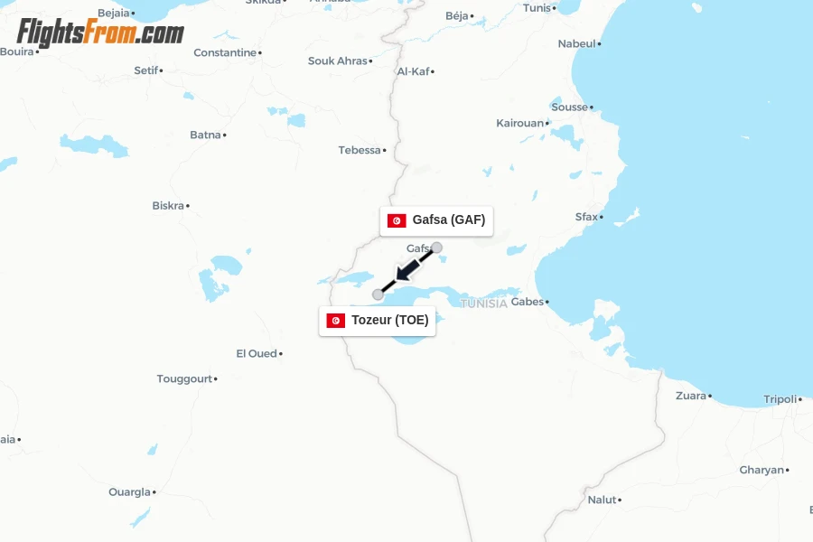 Flights from Gafsa to Tozeur route map