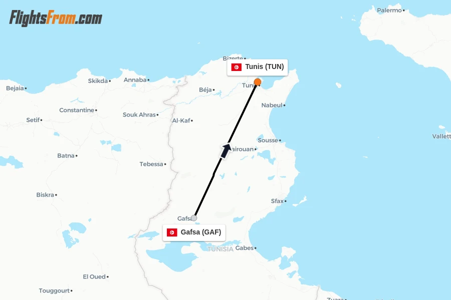 Flights from Gafsa to Tunis route map