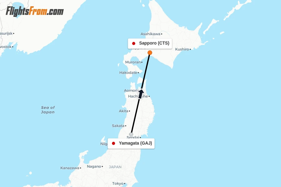 Flights from Yamagata to Sapporo route map