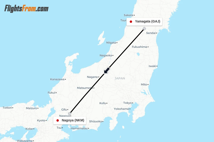 Flights from Yamagata to Nagoya route map