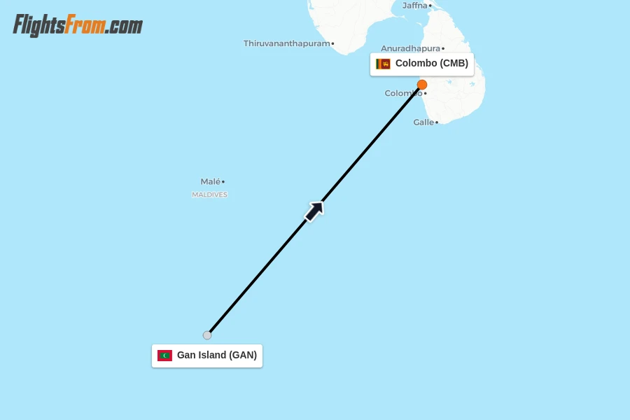 Flights from Gan Island to Colombo route map