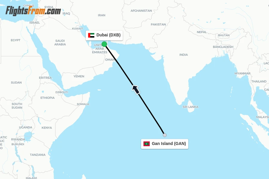 Flights from Gan Island to Dubai route map