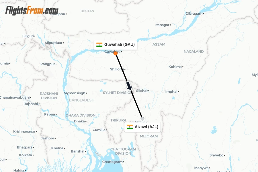 Flights from Guwahati to Aizawl route map