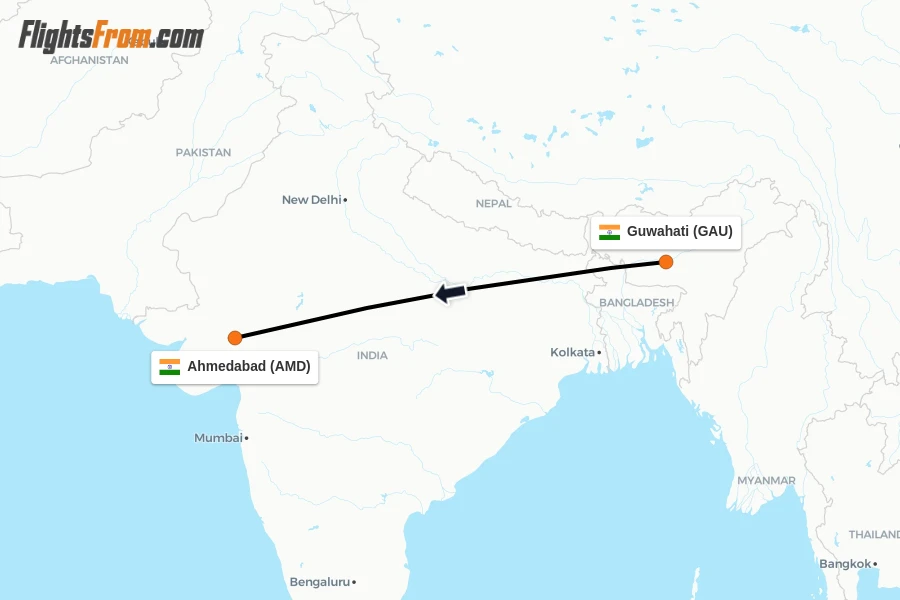 Flights from Guwahati to Ahmedabad route map