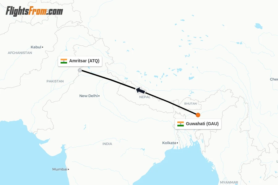 Flights from Guwahati to Amritsar route map