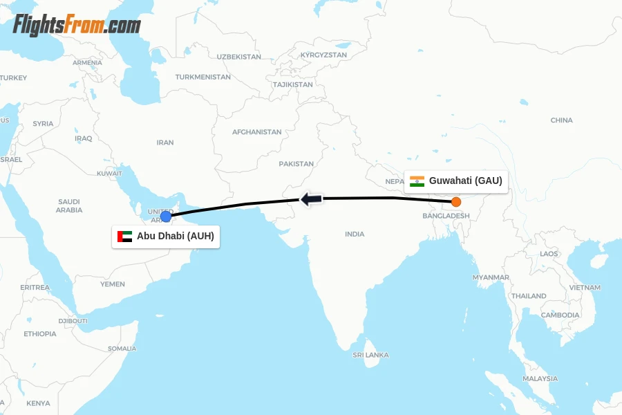 Flights from Guwahati to Abu Dhabi route map