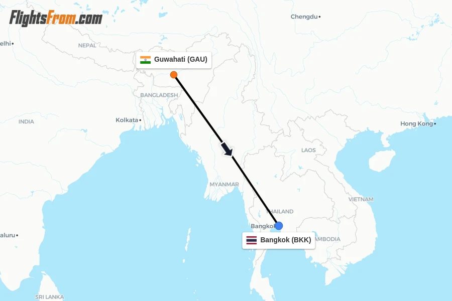 Flights from Guwahati to Bangkok route map