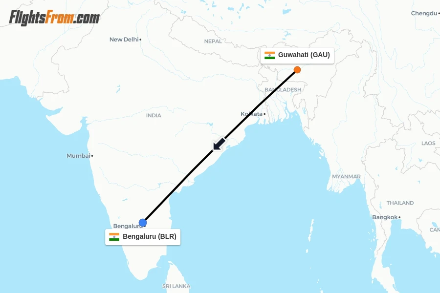 Flights from Guwahati to Bengaluru route map