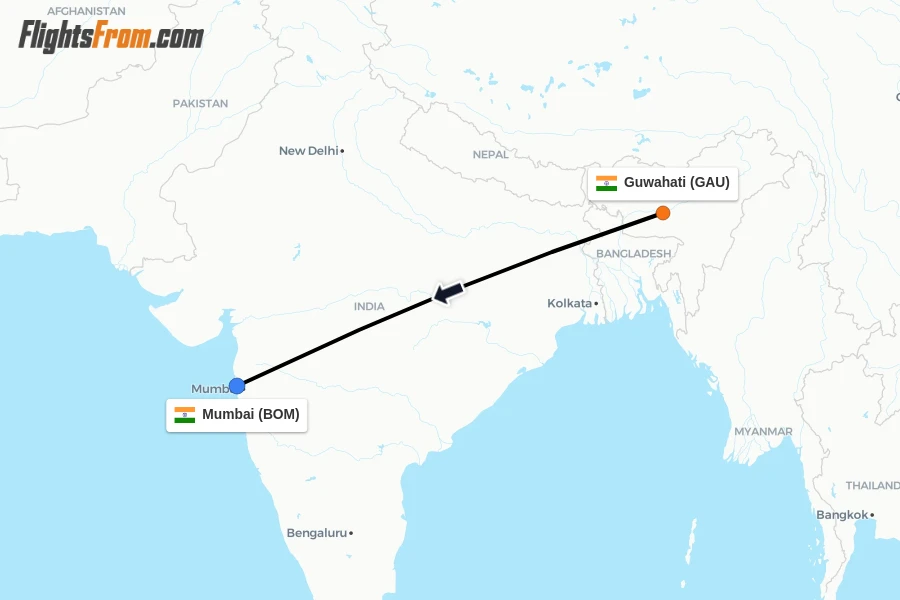Flights from Guwahati to Mumbai route map